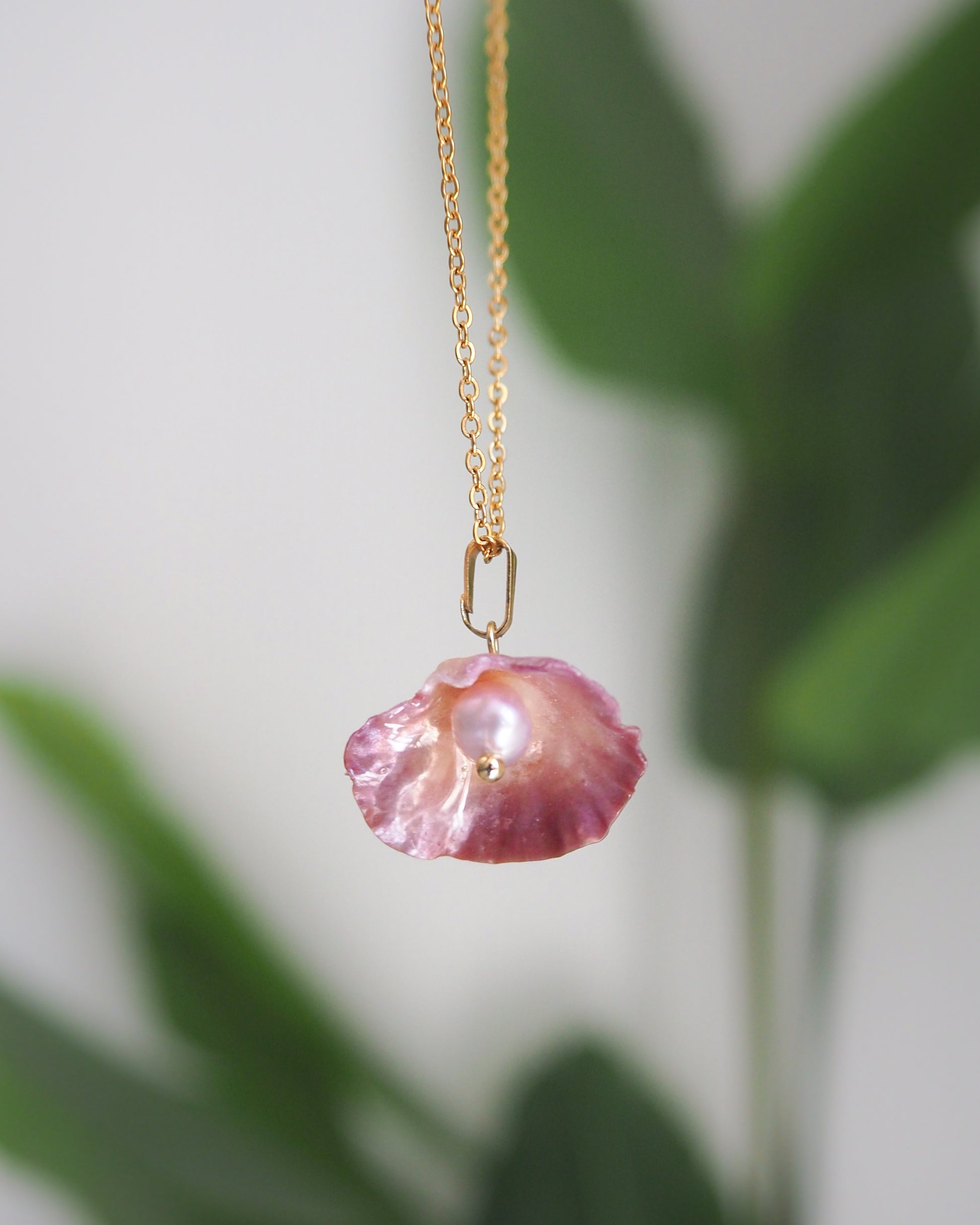 Pink Mother of Pearl Shell Necklace with Freshwater Pearl, Fuchsia Jingle Shell from Portugal