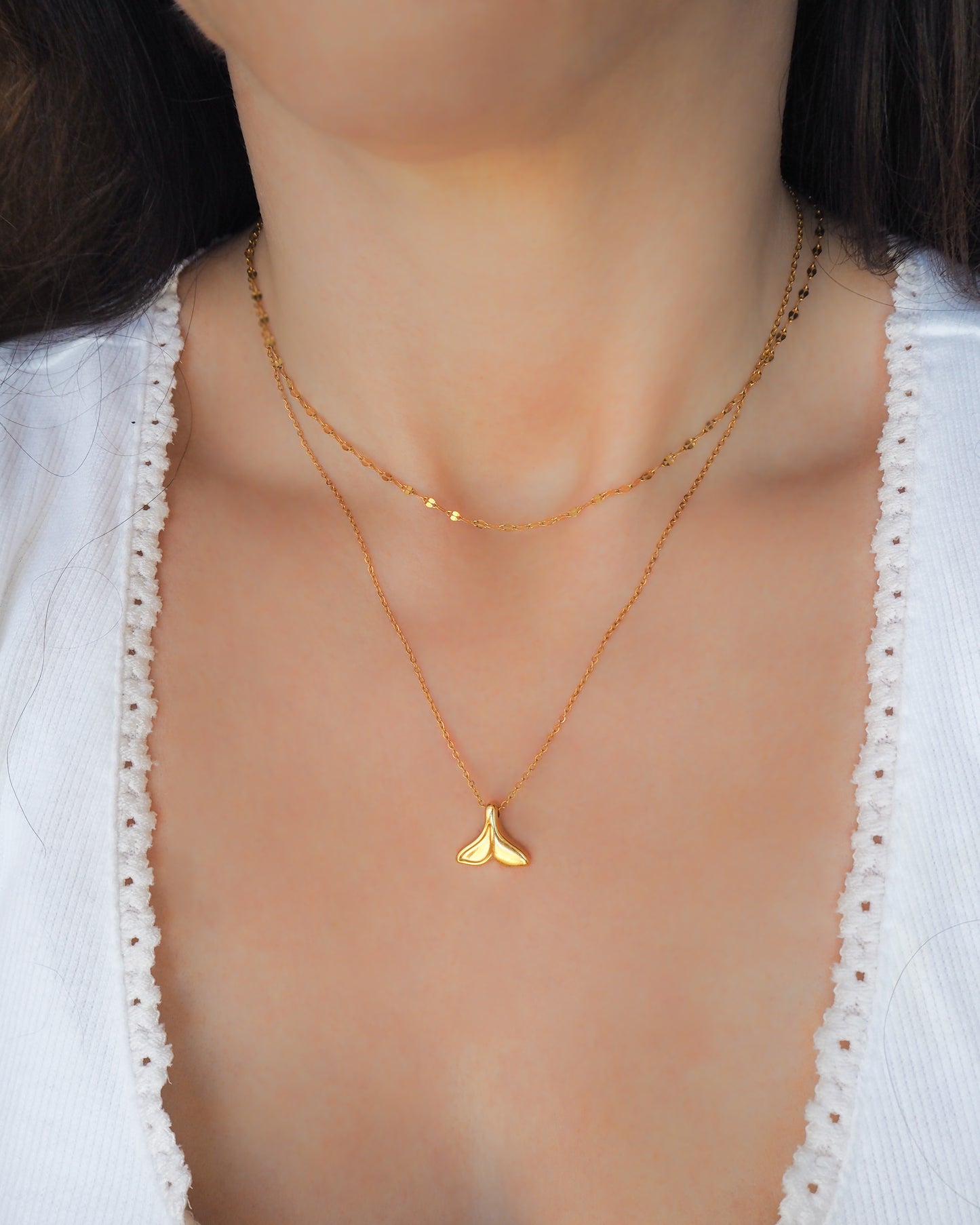 Gold Whale Tail Necklace 18k gold plated on model