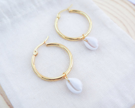 Front view of Cowrie Shell Earrings 14K Gold Plated on display. Cowrie Seashell Earrings Handmade from Portugal, Real Seashells, Cowrie shell earrings, Shell earrings, Shell hoops, Cowrie Boho earrings, Beach earrings