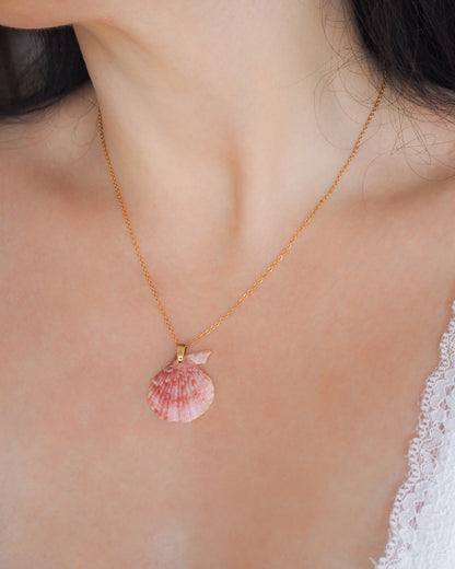 Pink Scallop Shell Gold Necklace on model, Real shell from Portugal