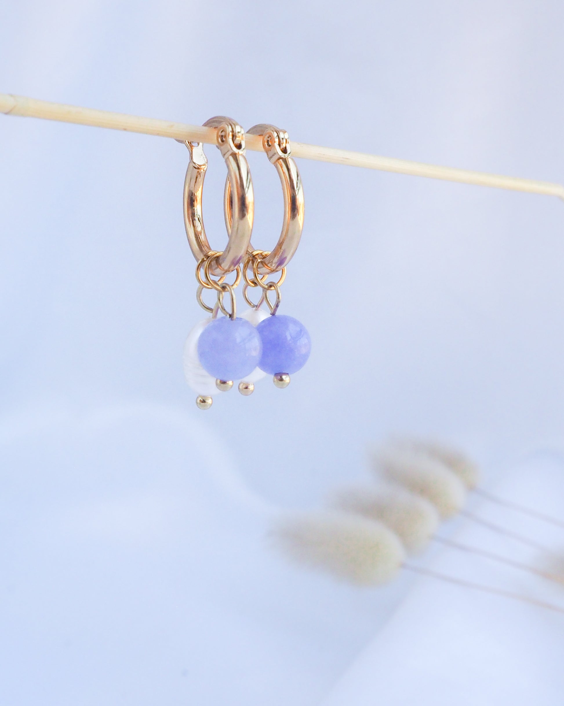 Gold Freshwater Pearl Earrings with Gemstones front view, ocean inspired jewelry, wedding earrings