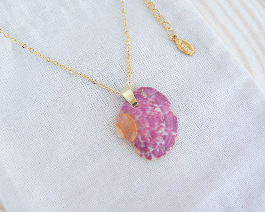 Magenta Pink Venus Shell Gold Necklace from Portugal, seabylou ocean inspired jewelry, real shell necklace