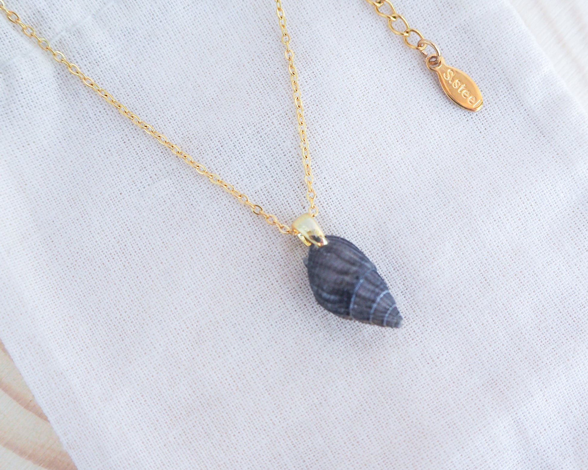 Tiny Dark Shell Necklace, Gold Plated Chain, Netted Dogwhelk Shell from Portugal