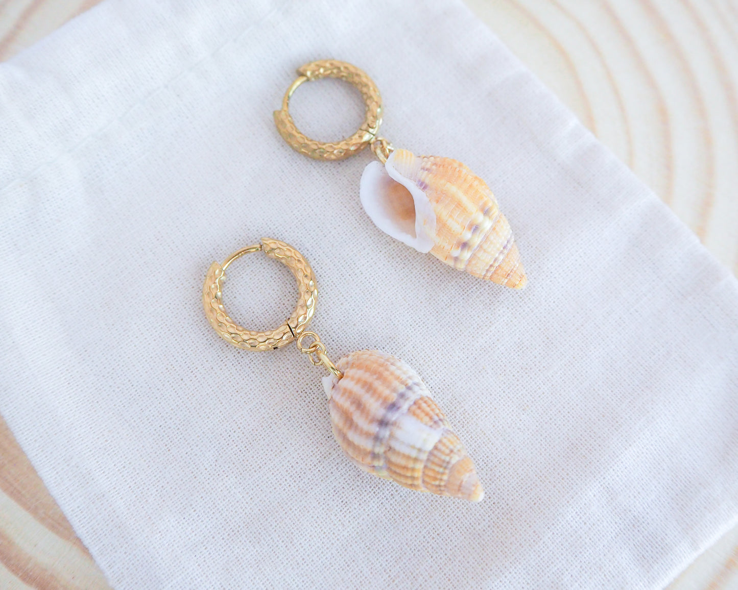 Netted Dogwhelk Shell Gold Earrings with Gold Hoop Hooks