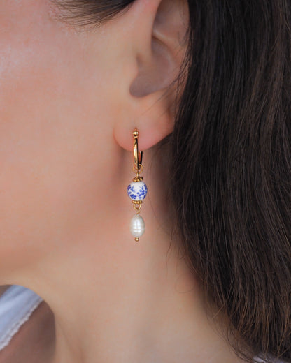 Azulejo Pearl Gold Earrings from Portugal, Lisbon Tile Jewelry on model