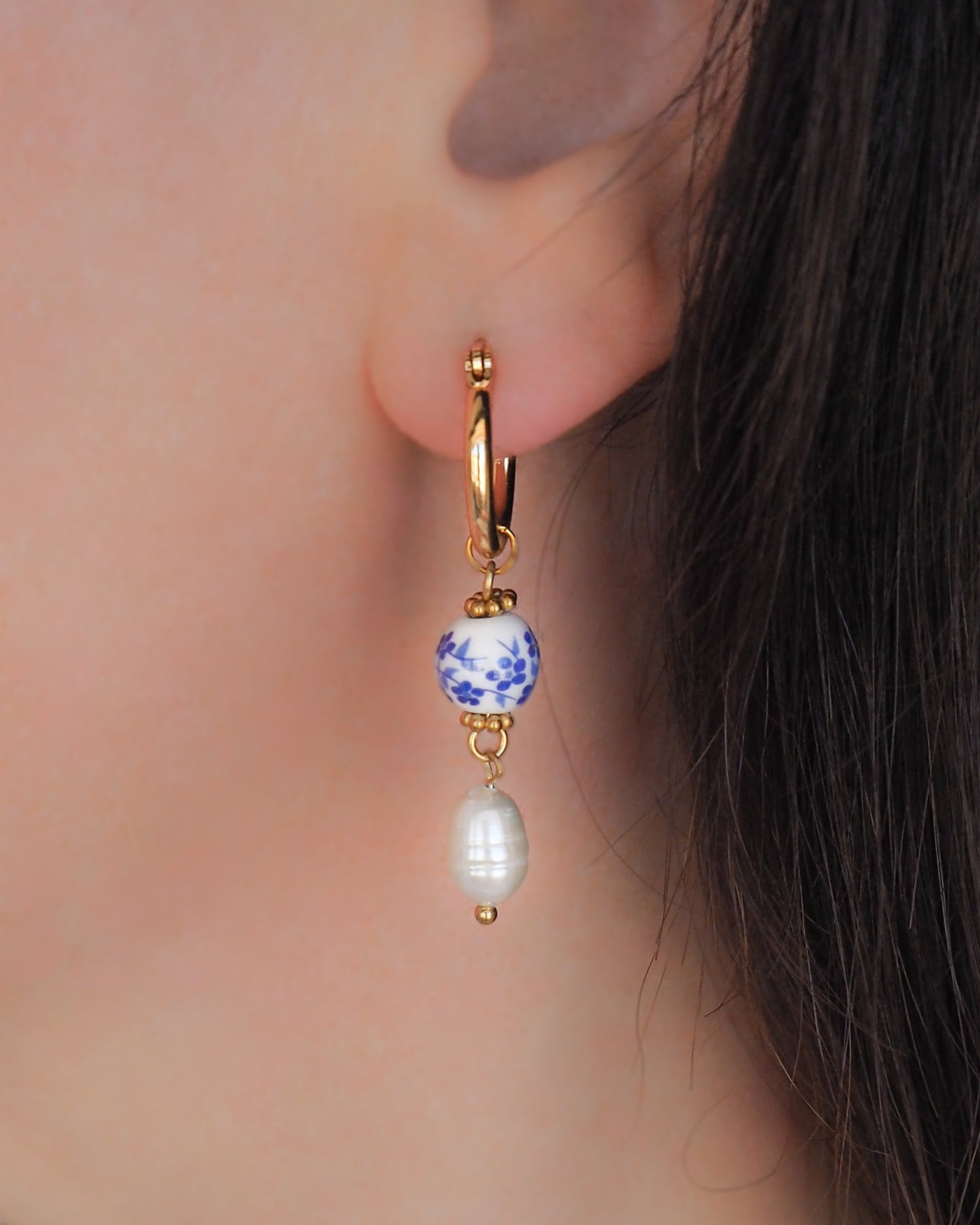 Azulejo Pearl Gold Earrings from Portugal, Lisbon Tile Jewelry close up