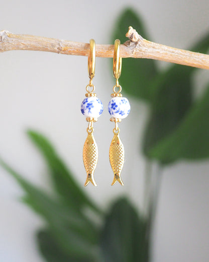 Portuguese Sardine Earrings with Azulejo Tile, Gold Plated, Portuguese Ceramic Jewelry