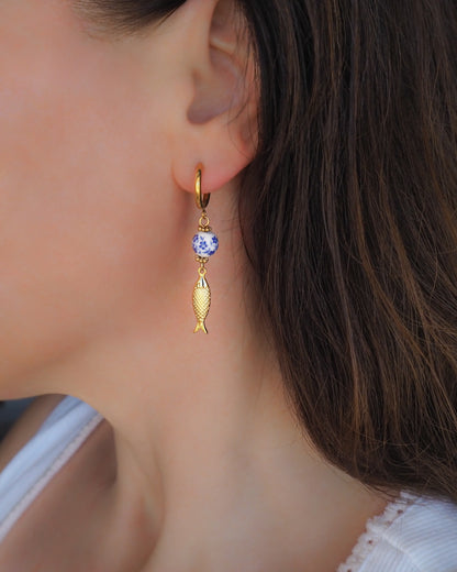 Portuguese Sardine Earrings with Azulejo Tile on model, Gold Plated, Portuguese Ceramic Jewelry