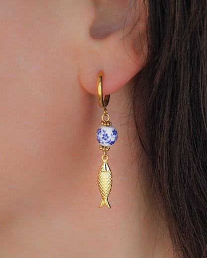 Portuguese Sardine Earrings with Azulejo Tile in ear, Gold Plated, Portuguese Ceramic Jewelry