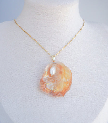 SEASHELL NECKLACE ~ Gold Pearl Rainbow Orange Jingle Shell