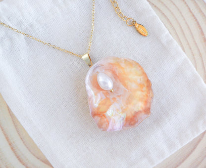 SEASHELL NECKLACE ~ Gold Pearl Rainbow Orange Jingle Shell