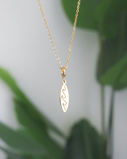 Gold Surfboard Necklace, Surf Girl Wave necklace, Waterproof beach jewelry