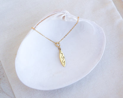 Gold Surfboard Necklace, Surf Girl Wave necklace, Waterproof beach jewelry in shell