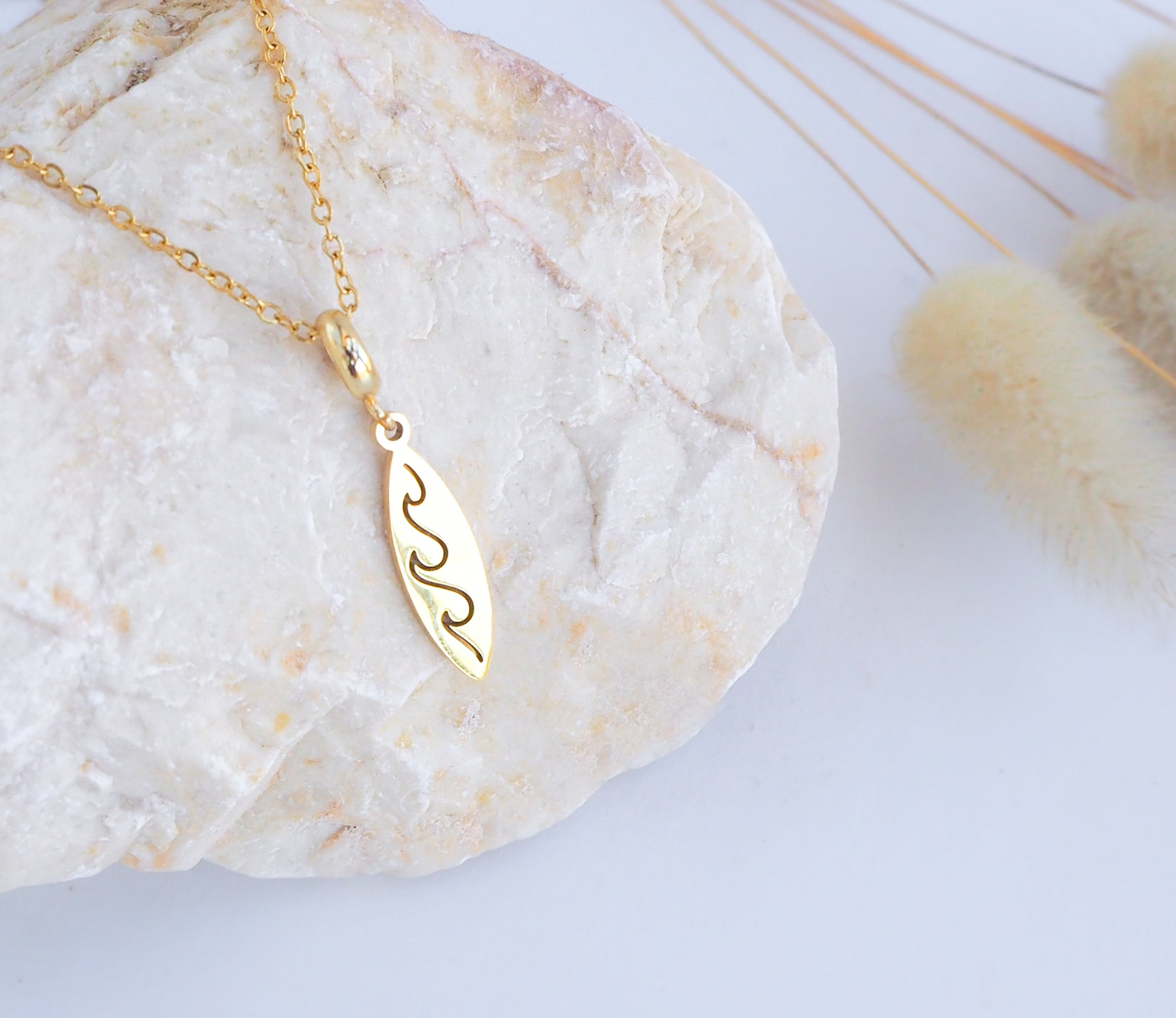 Gold Surfboard Necklace, Surf Girl Wave necklace, Waterproof beach jewelry on stone