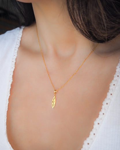 Gold Surfboard Necklace, Surf Girl Wave necklace, Waterproof beach jewelry side view model neck