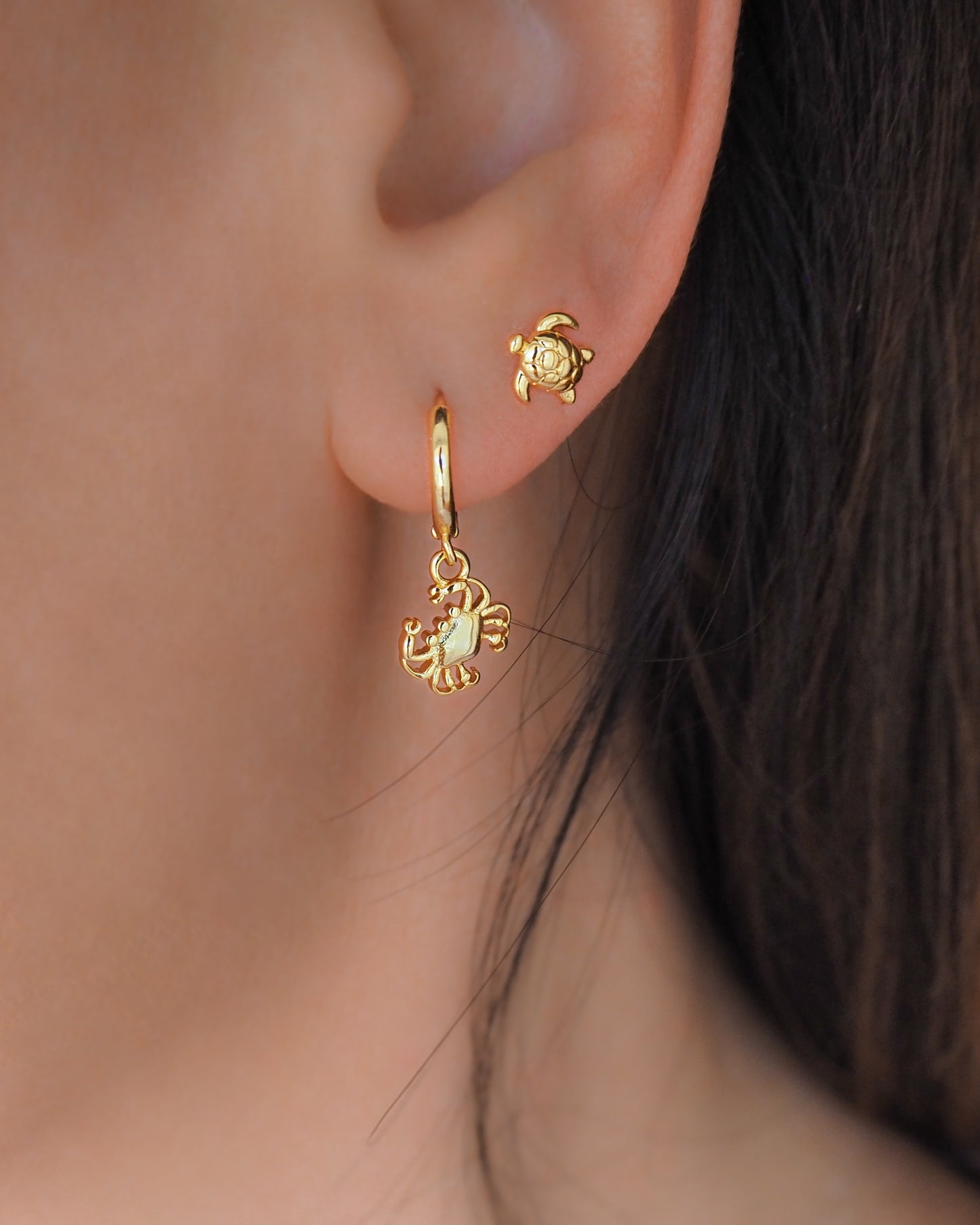 Gold Crab Earrings in ear, Cancer Zodiac jewelry, Coastal Chic Jewelry, SeabyLou