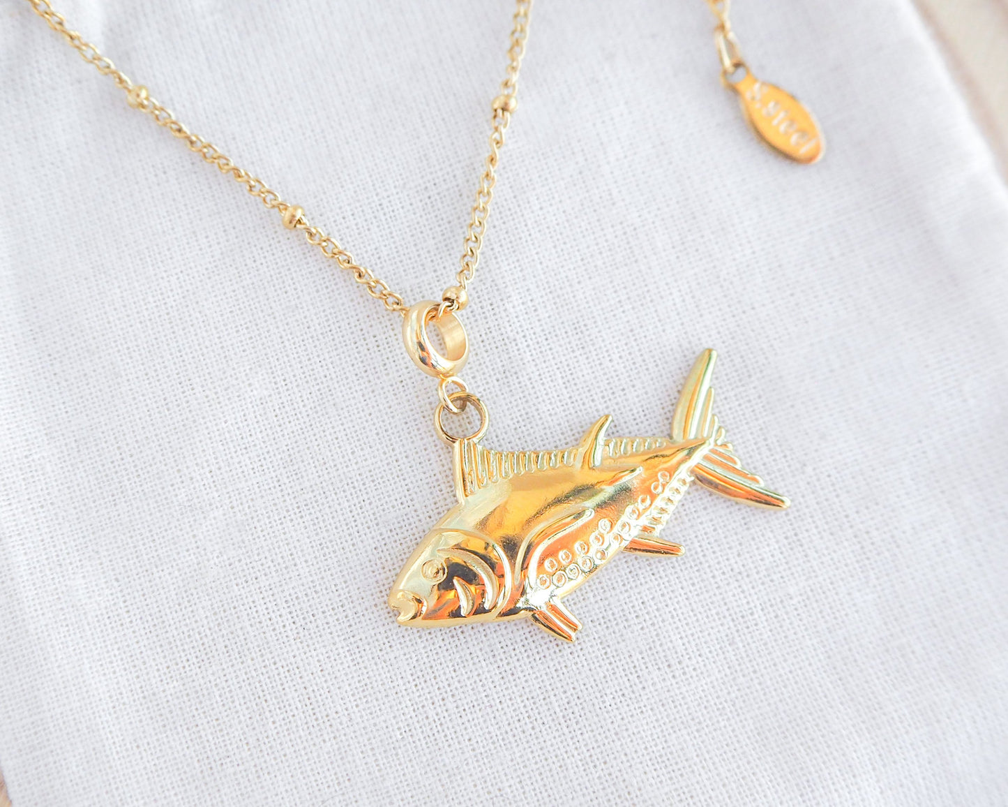 Tune Fish Necklace, Gold Yellowfin Tuna Pendant, Fish Jewelry on display