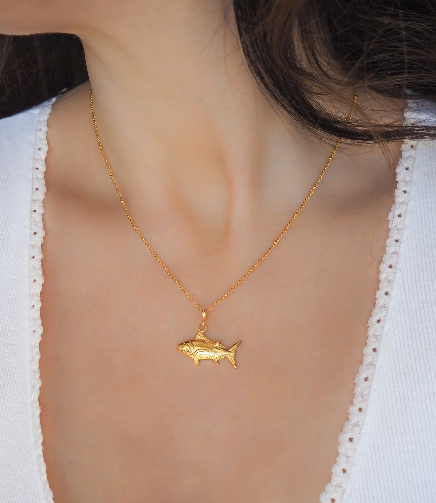 Tune Fish Necklace, Gold Yellowfin Tuna Pendant, Fish Jewelry on model