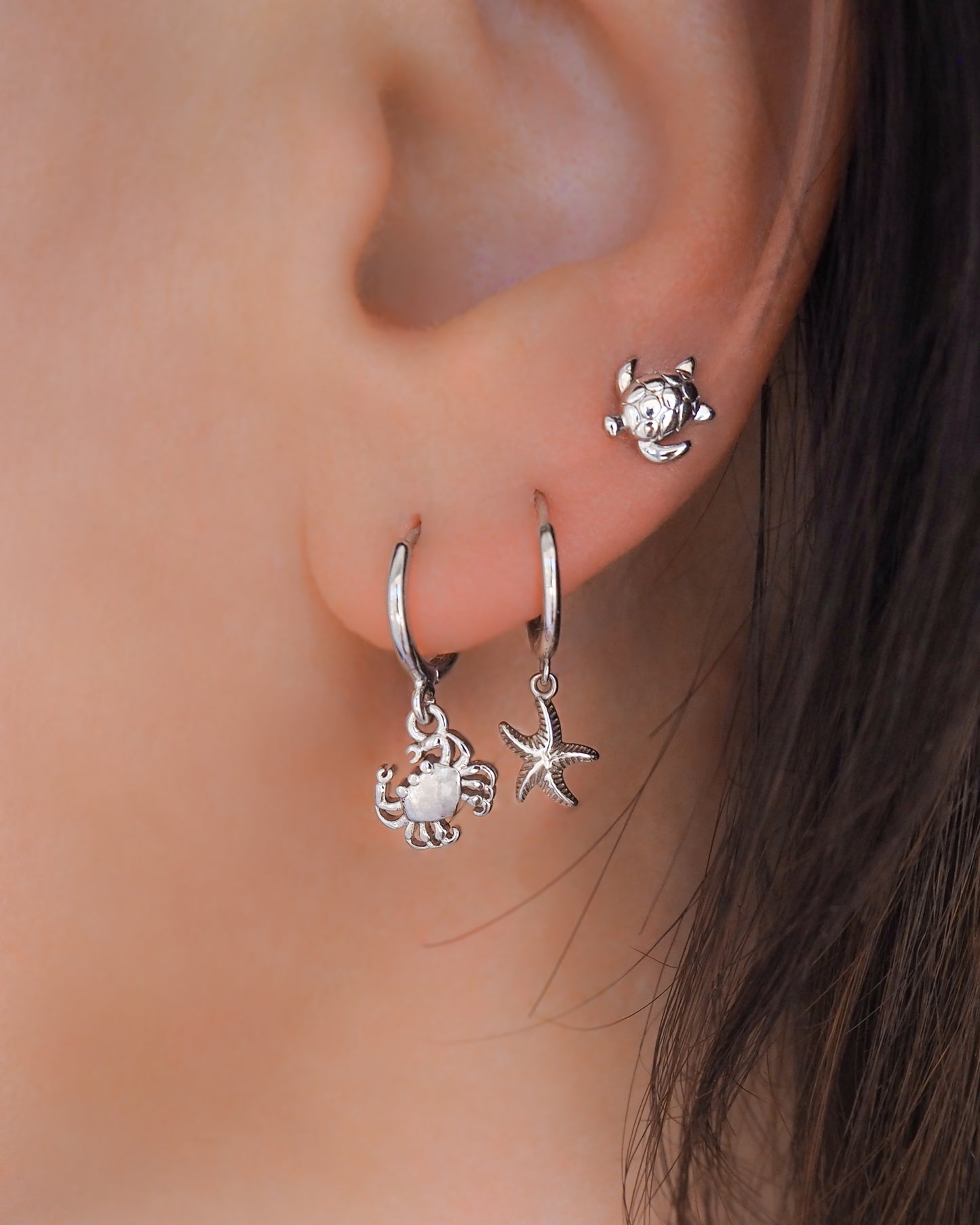 Silver Crab Earrings in ear, Cancer Zodiac jewelry, Coastal Chic Jewelry, SeabyLou