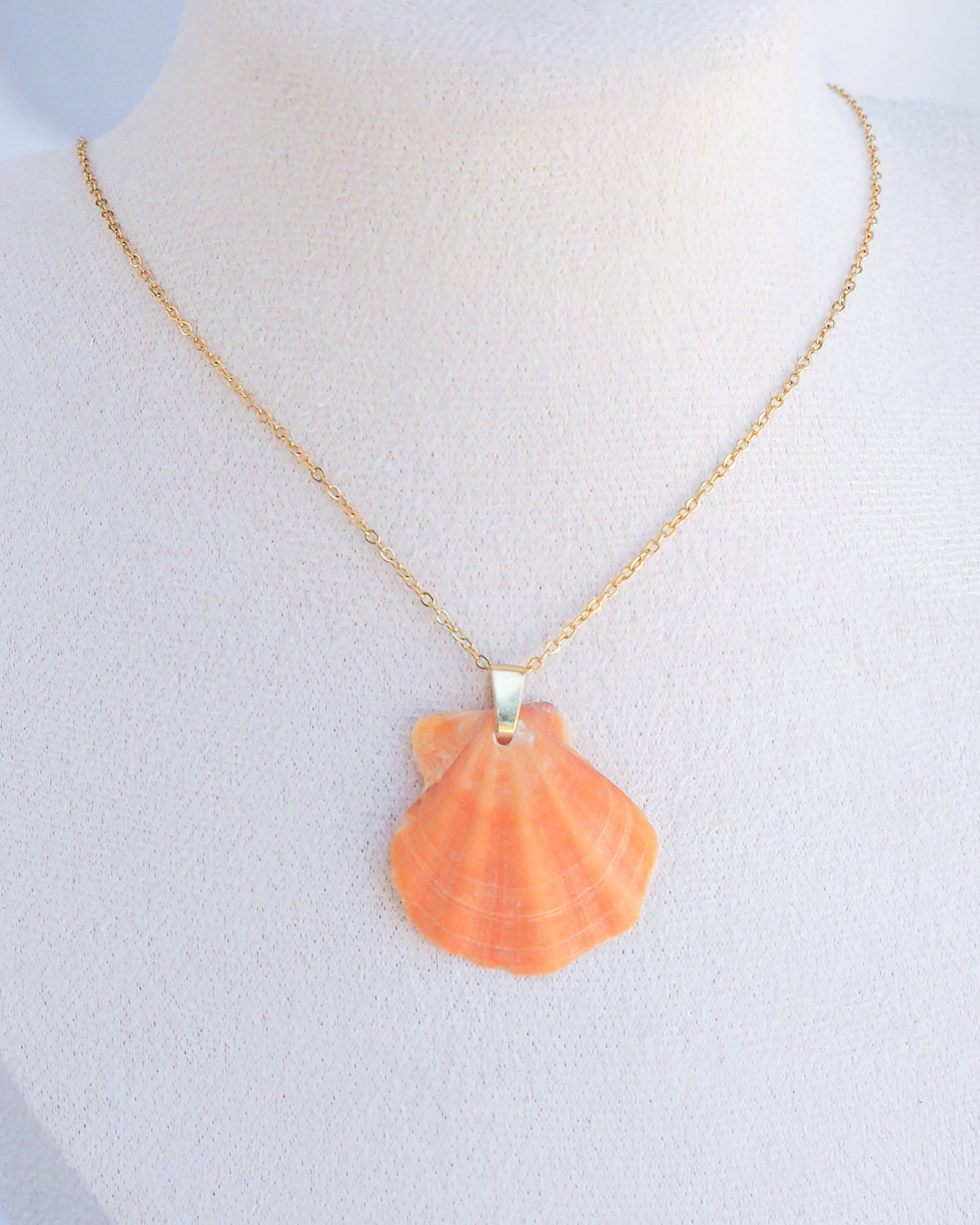 Orange Scallop Shell Necklace, Pumpkin Scallop Shell, Halloween Shell Necklace on neck