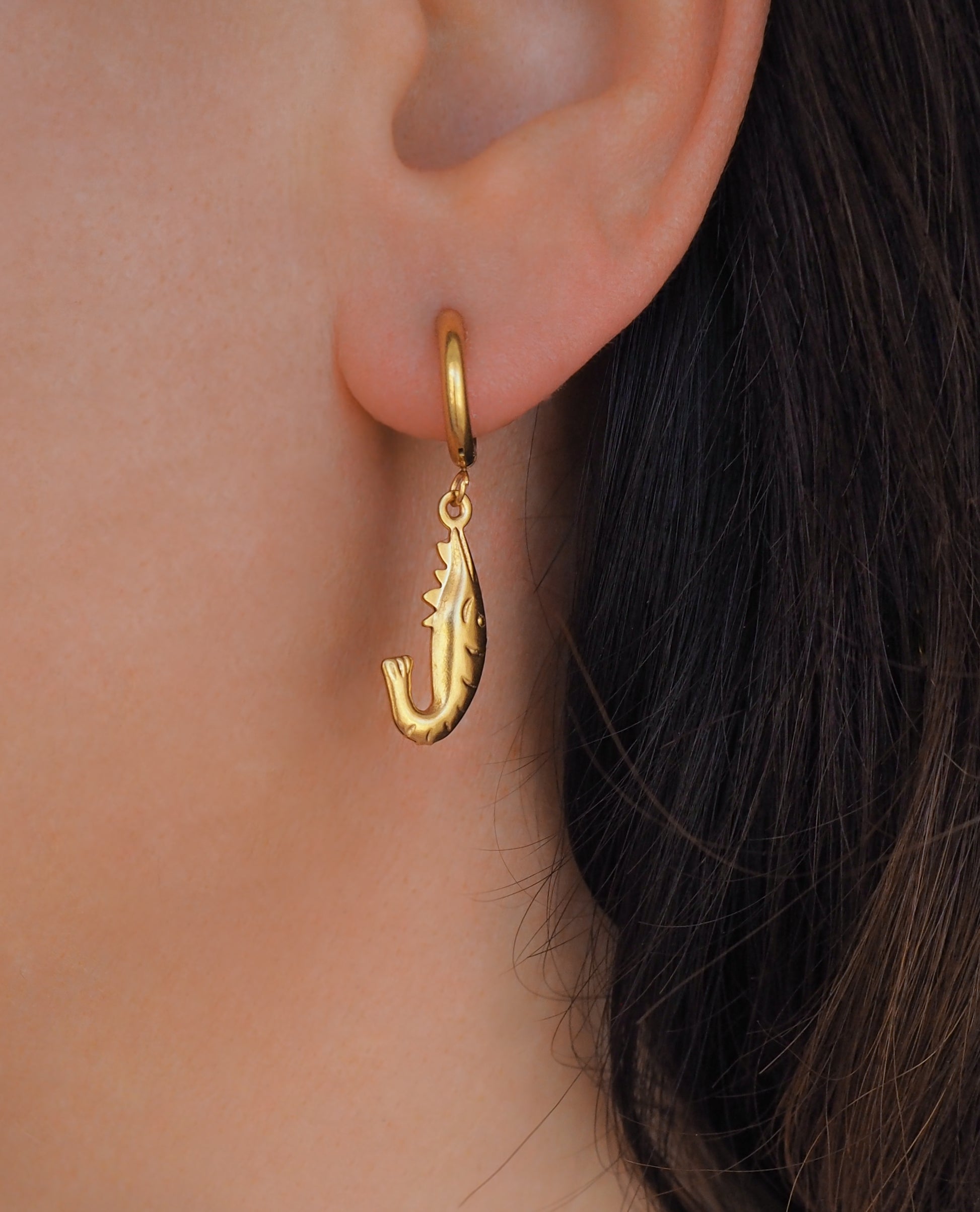 Gold Shrimp Earrings, Shrimp Huggies in ear detailed