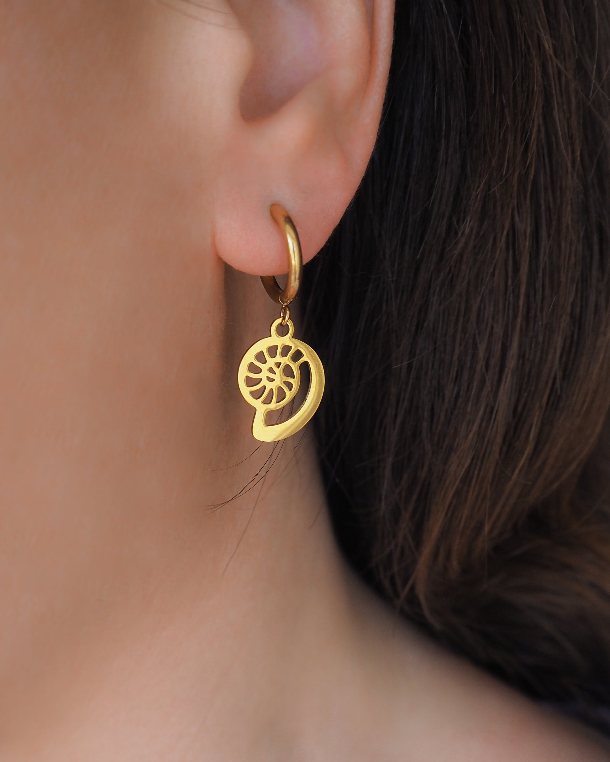 Nautilus Shell Earrings, Gold Nautilus Seashell Hoops in ear model