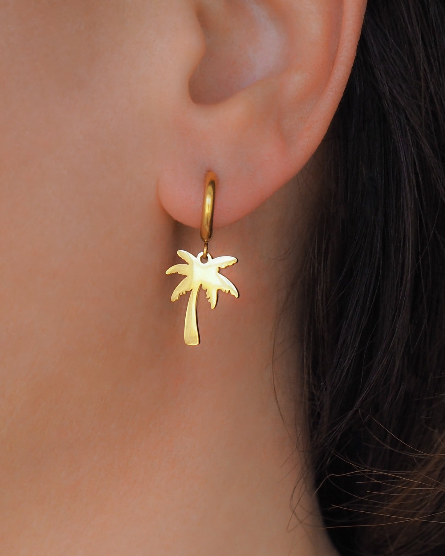 close up Gold Palm Earrings, Tropical Palm Tree Hoop Huggies 