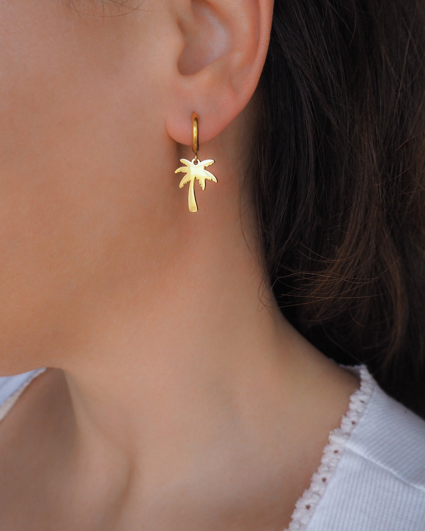 Gold Palm Earrings, Tropical Palm Tree Hoop Huggies on model