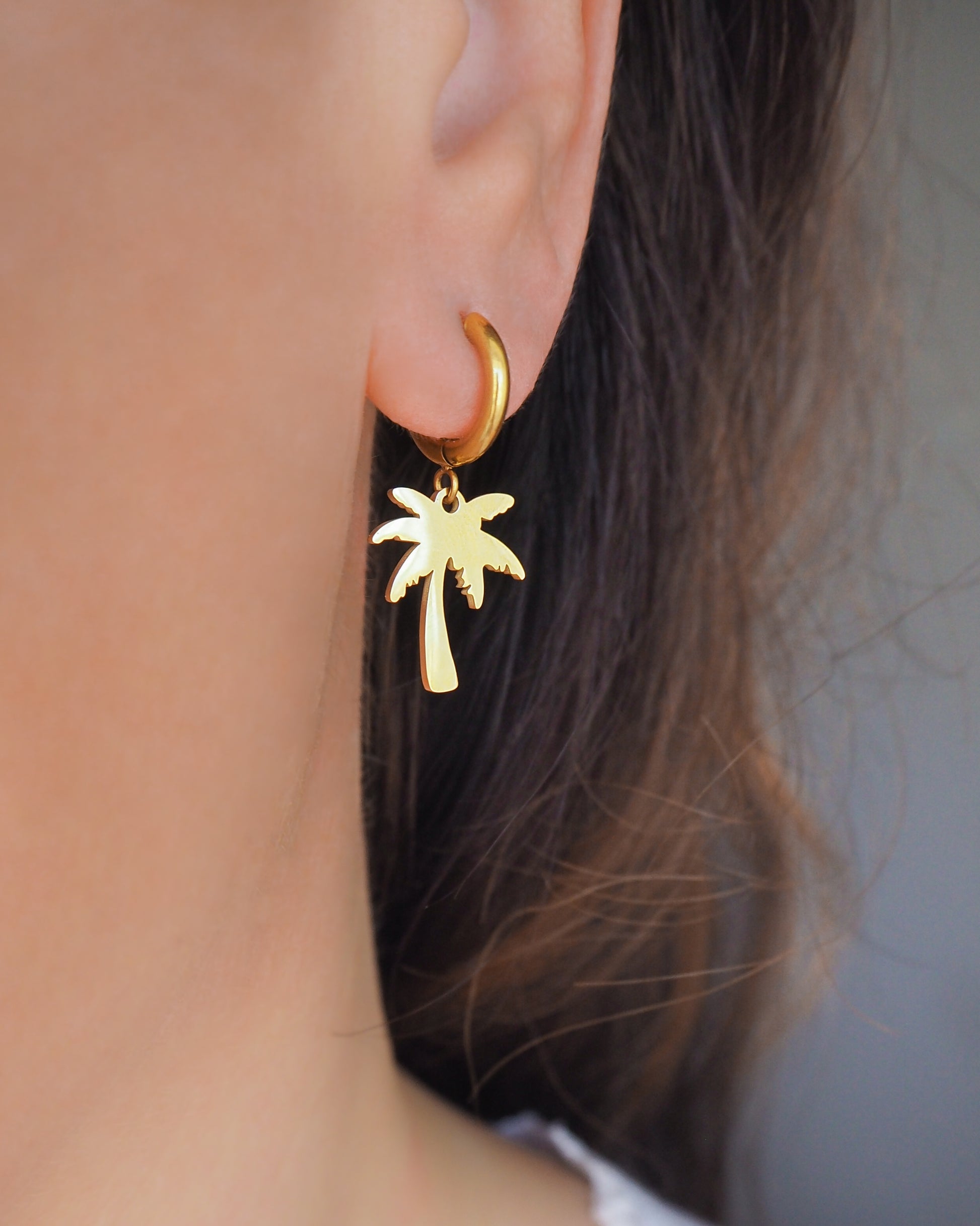 Gold Palm Earrings, Tropical Palm Tree Hoop Huggies detailed view