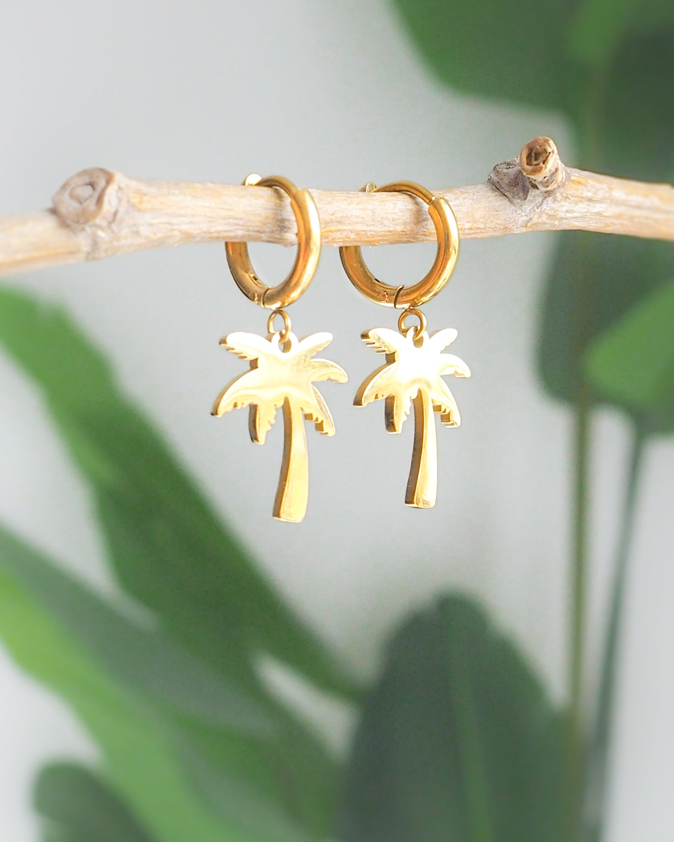 Gold Palm Earrings, Tropical Palm Tree Hoop Huggies front view