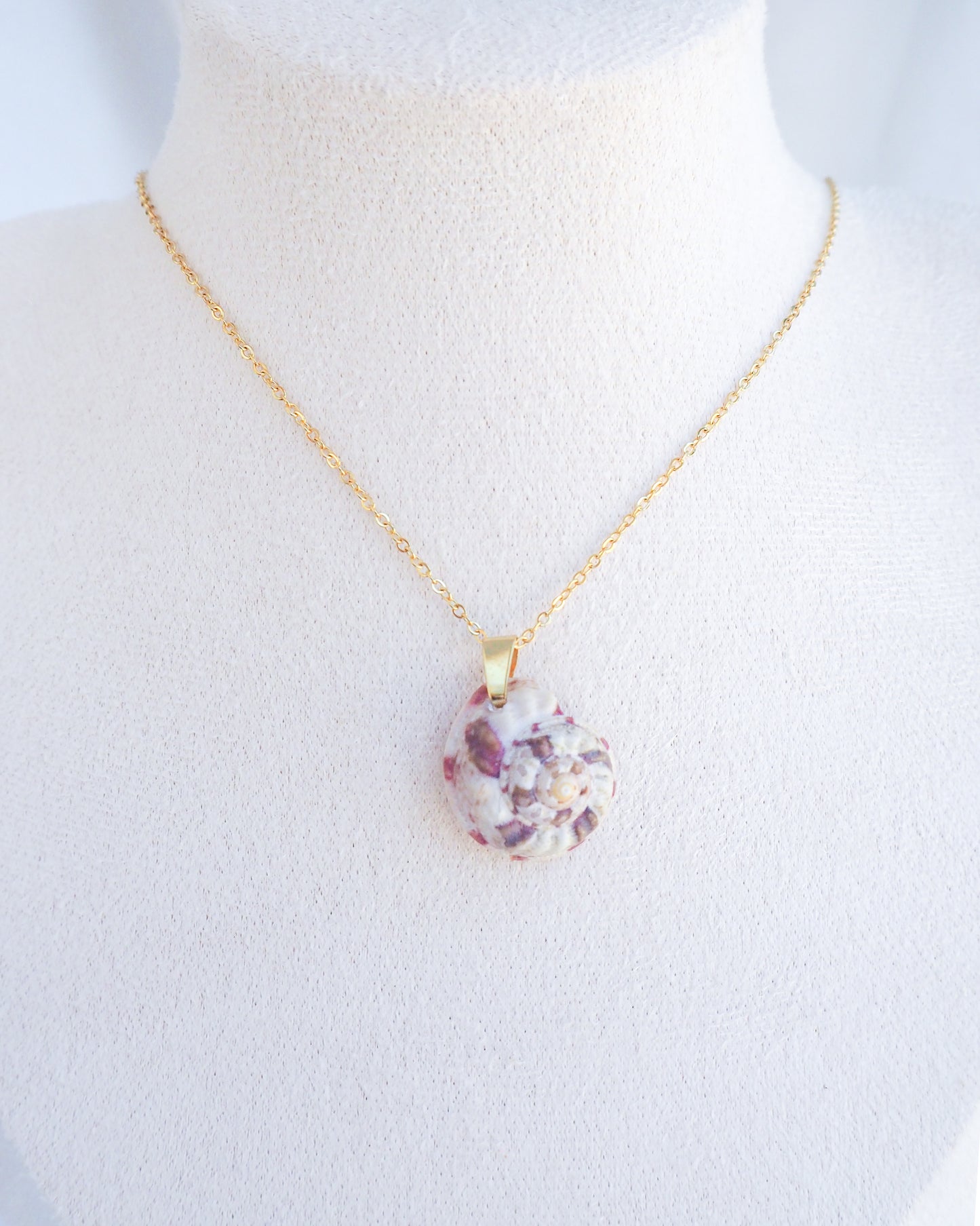 Fuchsia White Top Shell Gold Necklace on neck