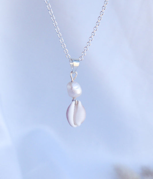 Silver Cowrie Shell Pearl wedding Necklace White Pearl  