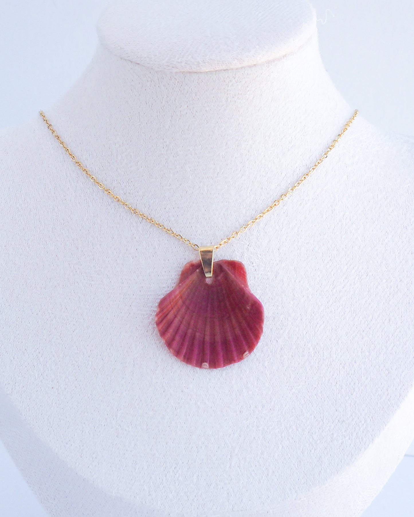 Red Scallop Shell Gold Necklace on neck