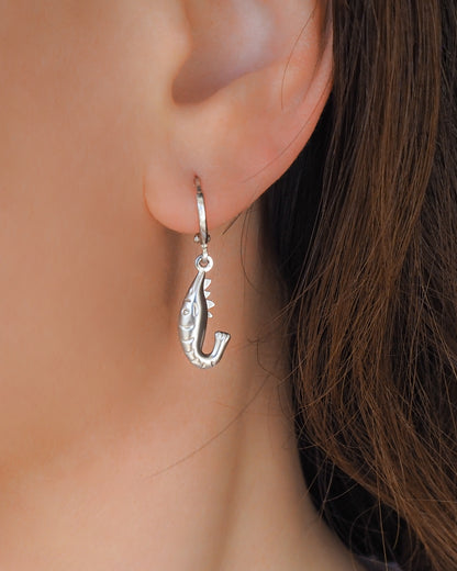 Shrimp Silver Earrings in ear