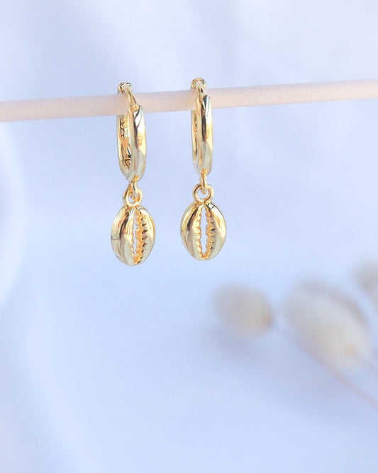 Gold Cowrie Earrings, 14k gold vermeil hoop earrings, mix match ocean jewelry