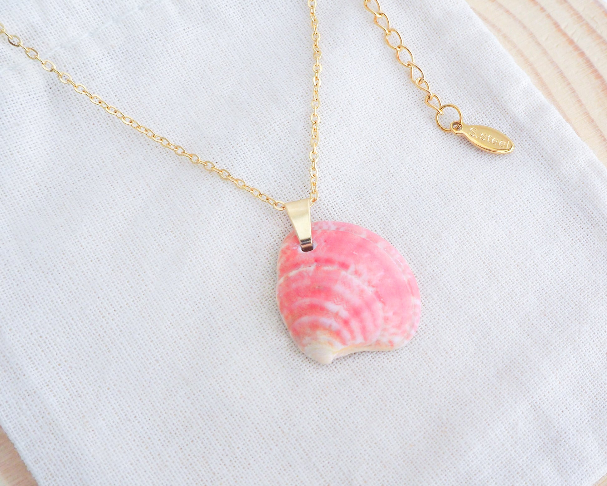 Coral Pink Venus Shell Gold Necklace from Portugal, seabylou ocean inspired jewelry, real shell necklace