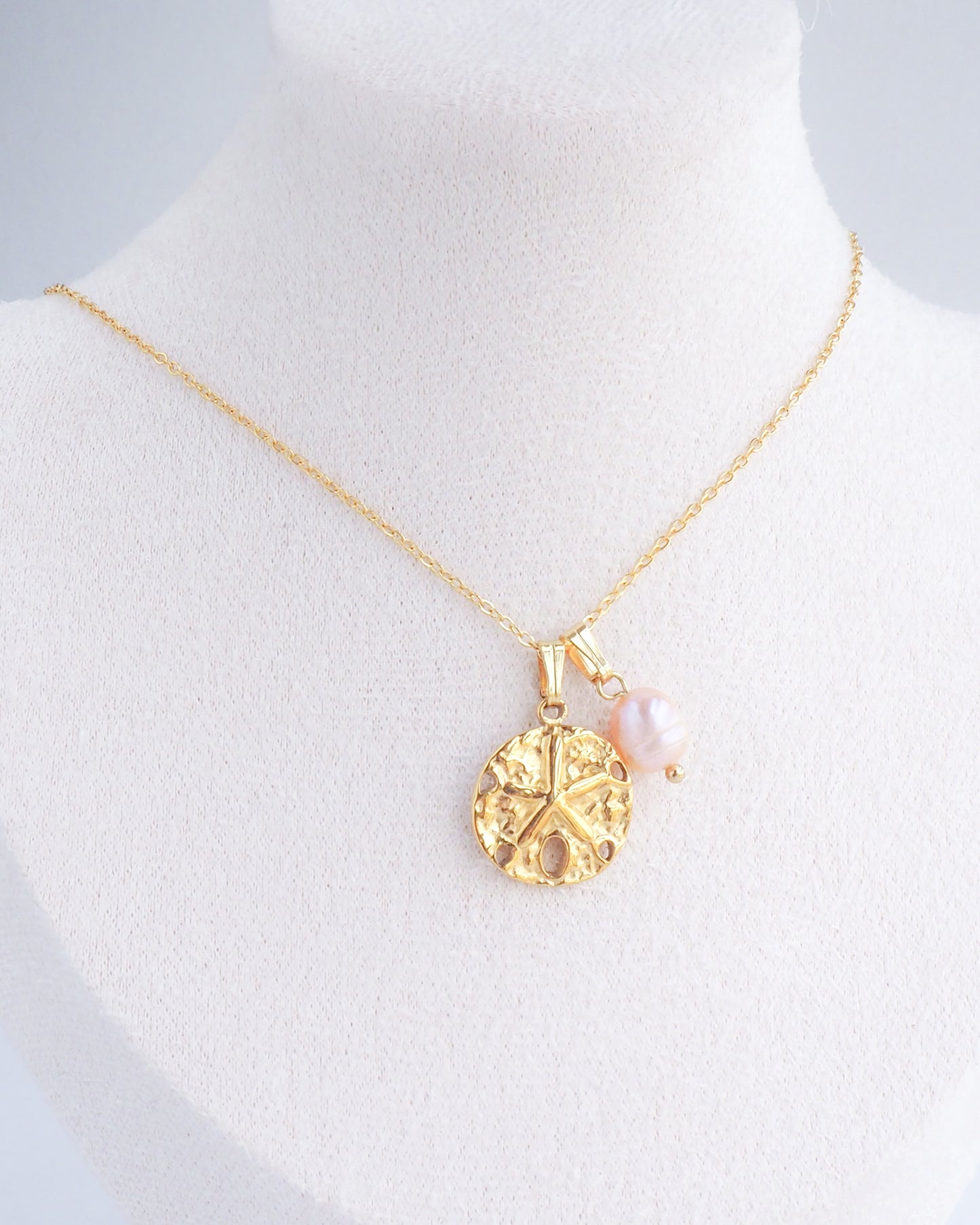 Gold Sand Dollar Freshwater Pearl Necklace on neck