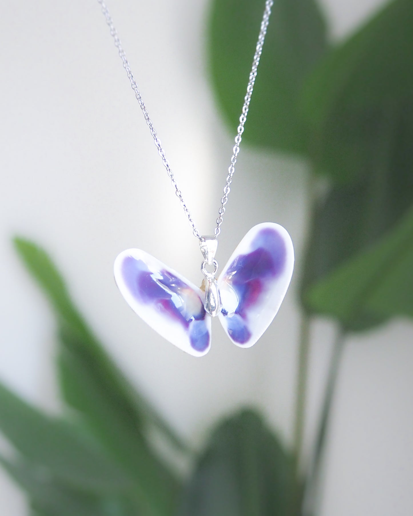 Purple Coquina Shell Butterfly Silver Necklace V front view