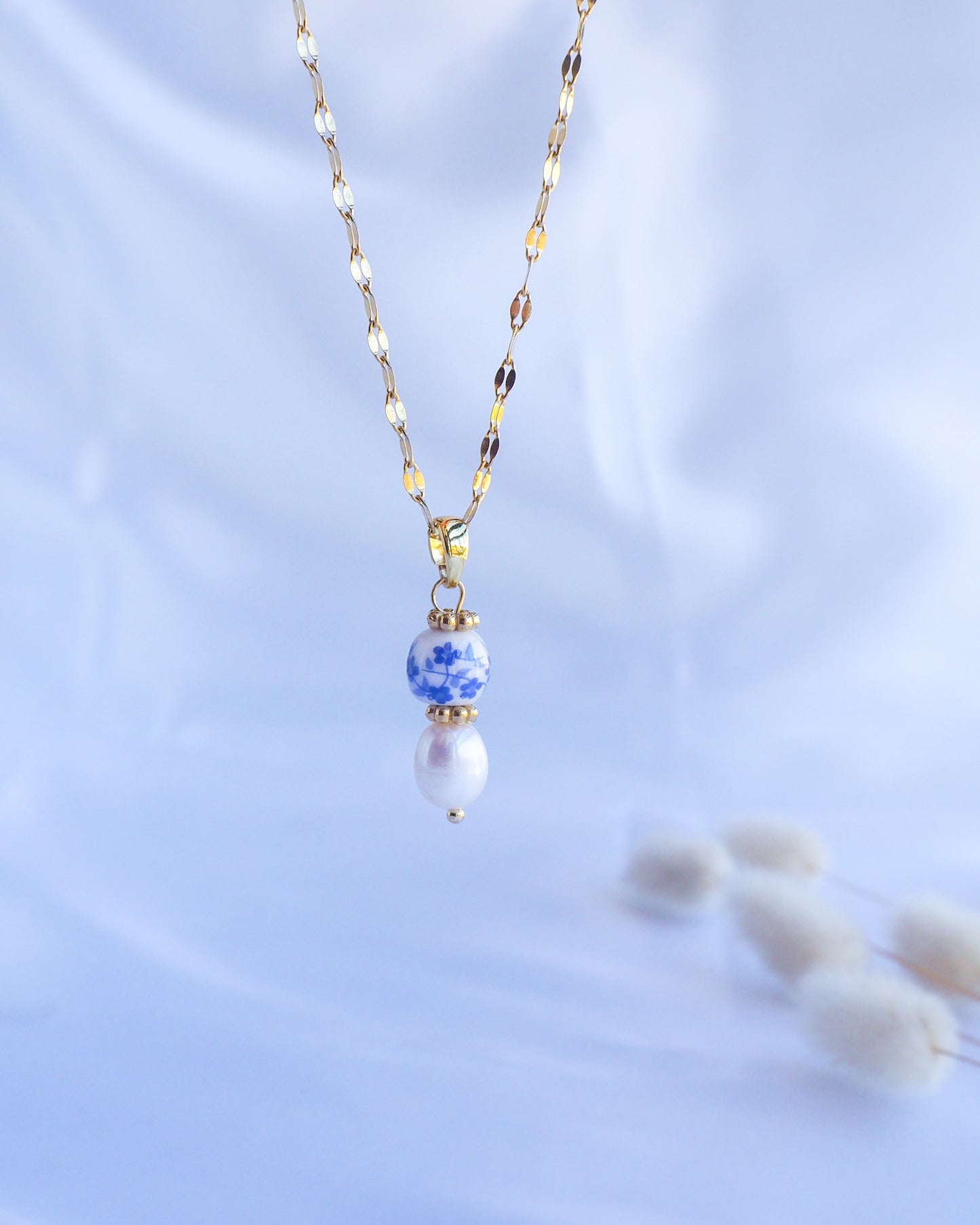 Gold Necklace with Ceramic Azulejo and Pearl from Portugal