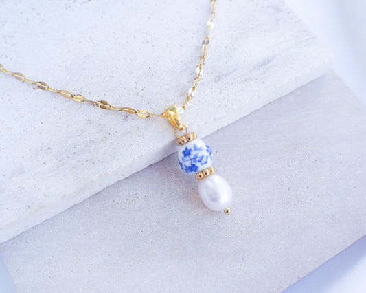 Portuguese Gold Necklace with Ceramic Bead & Freshwater Pearl