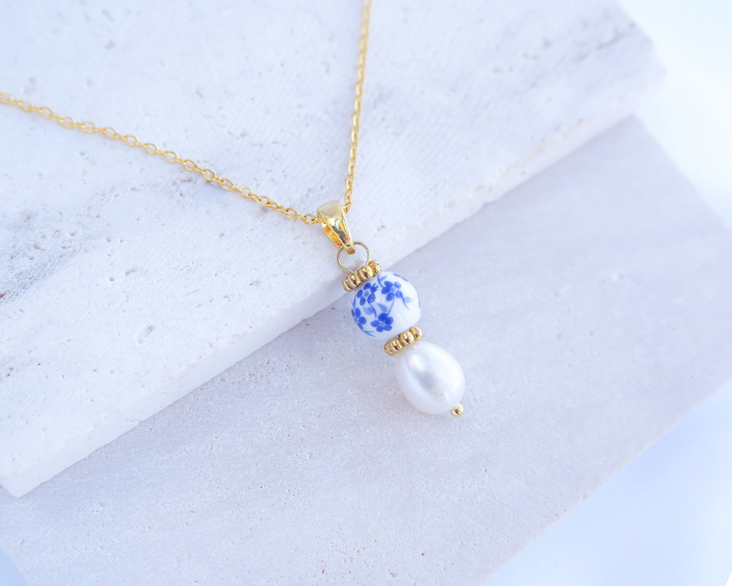 Azulejo Ceramic Tile Pearl Gold Necklace from Portugal 