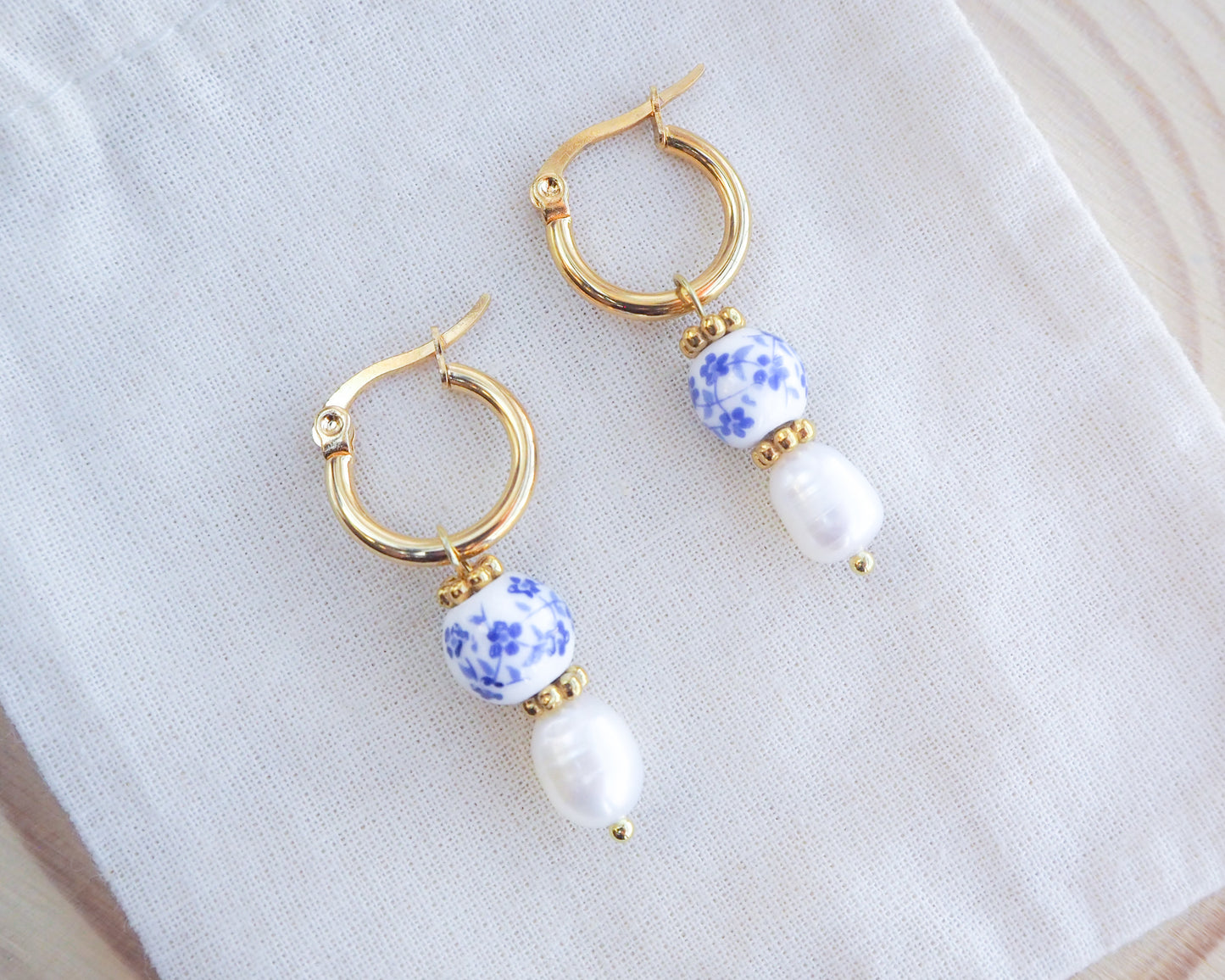 Azulejo Pearl Earrings from Portugal, Portuguese Ceramic Tile Jewelry on display