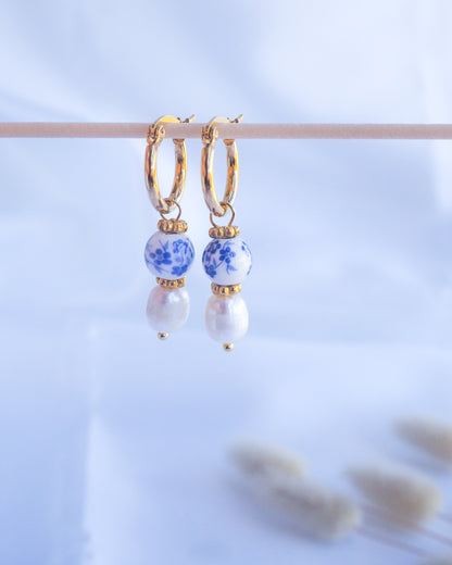 PORTUGUESE AZULEJO PEARL DROP EARRINGS - Gold or Silver