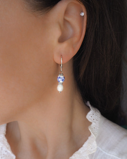 Model wearing Silver Portuguese Ceramic Pearl Earrings, Azulejo Earrings from Portugal, Portuguese Tlles, Blue White Flower Porcelain Earrings