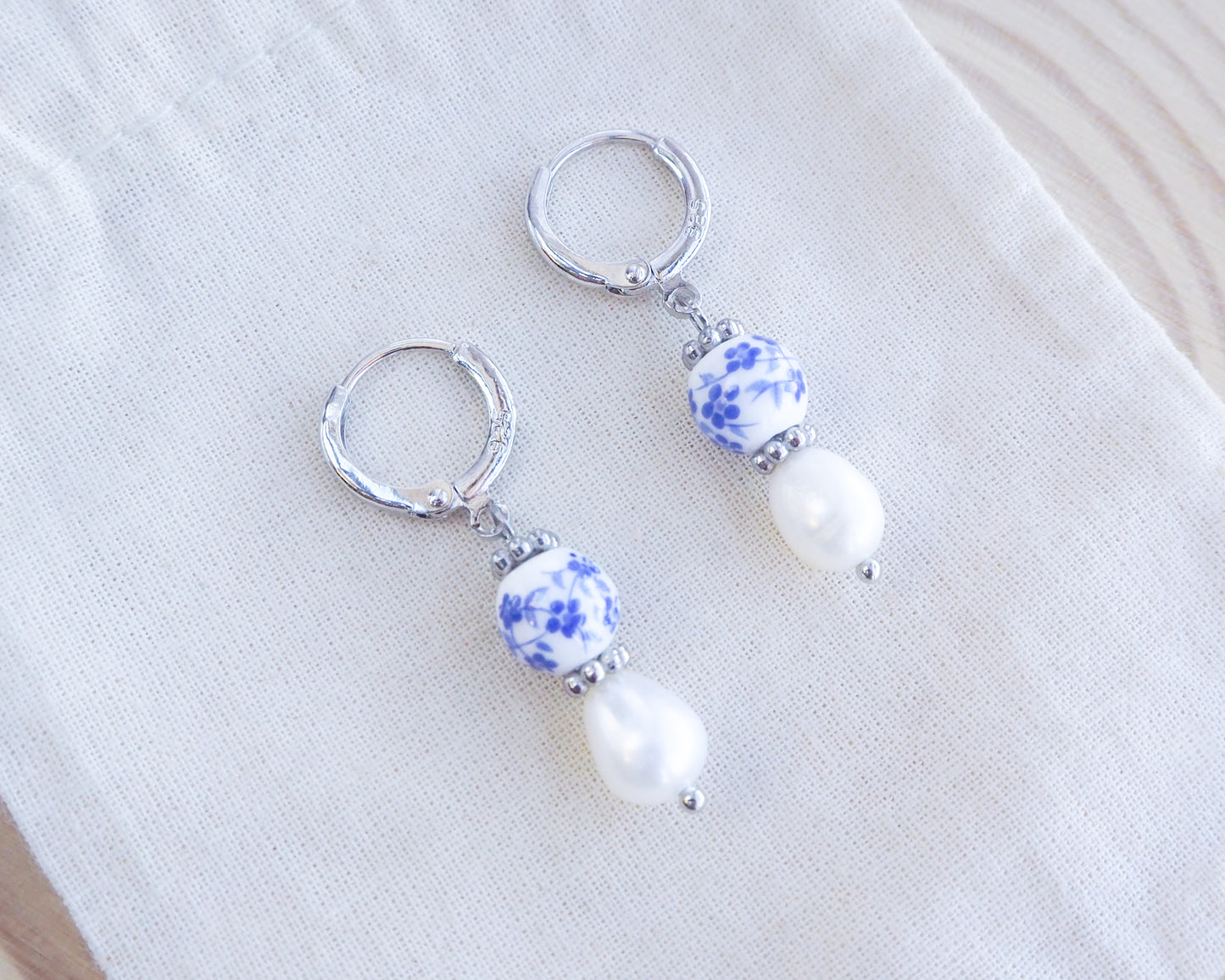 Silver Azulejo Pearl Gold Earrings from Portugal, Blue White Ceramic Tile Jewelry, Porcelain Flower Pearl Earrings