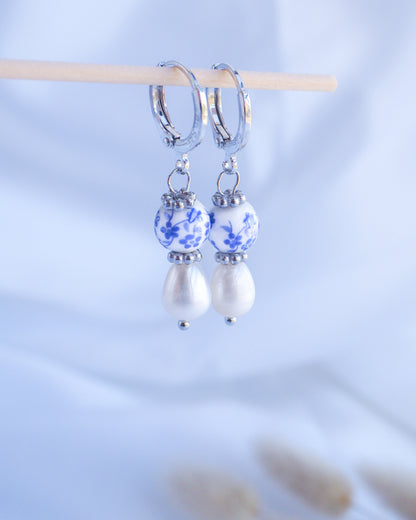 Front view Silver Portuguese Ceramic Pearl Earrings, Azulejo Earrings from Portugal, Portuguese Tlles, Blue White Flower Porcelain Earrings