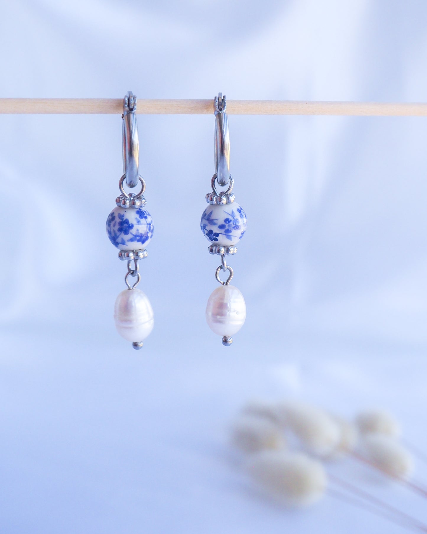 PORTUGUESE AZULEJO PEARL DROP EARRINGS - Gold or Silver