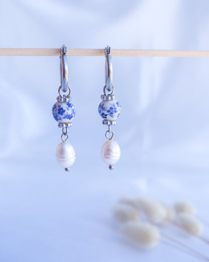 PORTUGUESE AZULEJO PEARL DROP EARRINGS - Gold or Silver