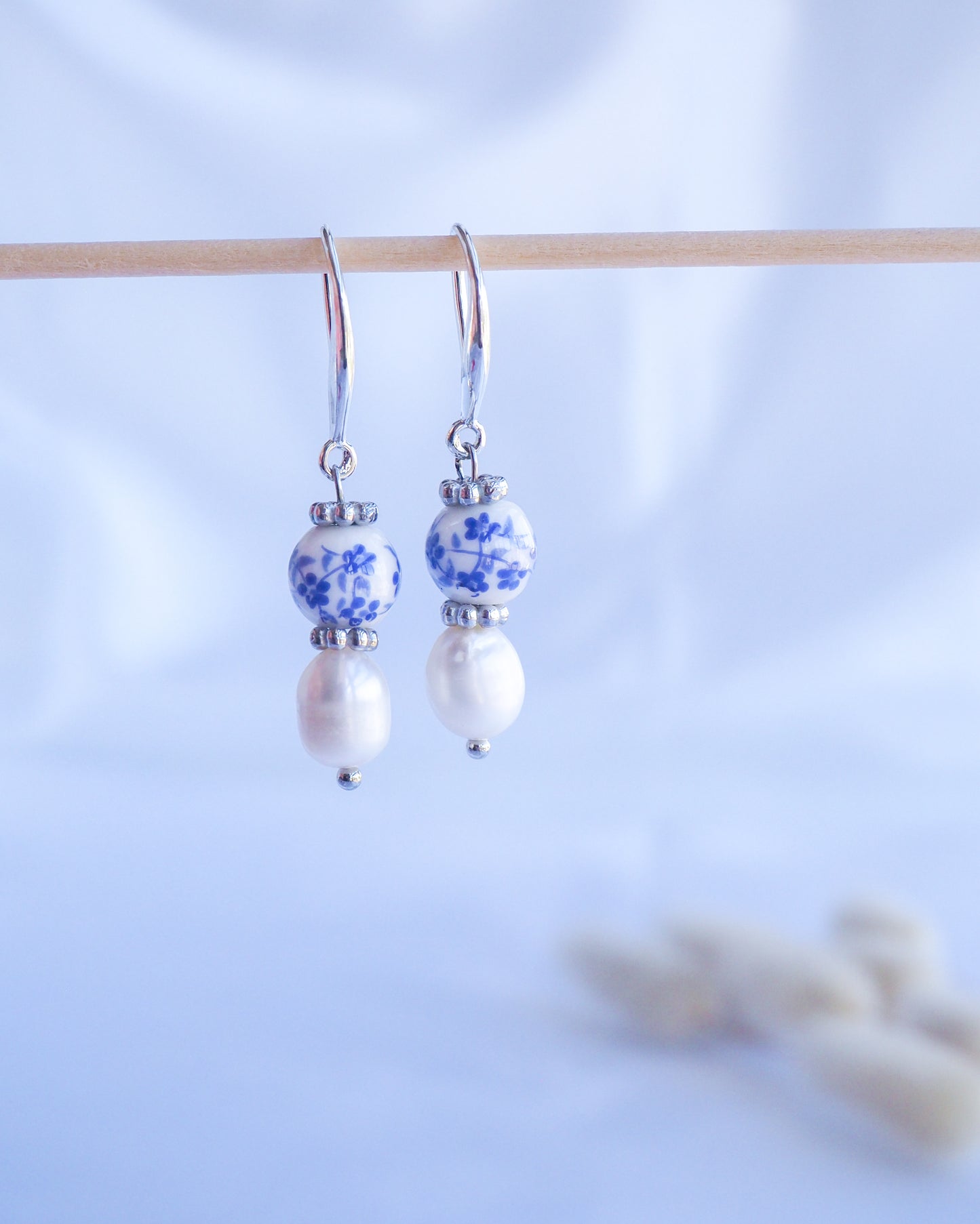 Azulejo Silver Earrings from Portugal, Portuguese Tlles, Blue White Flower Porcelain Earrings