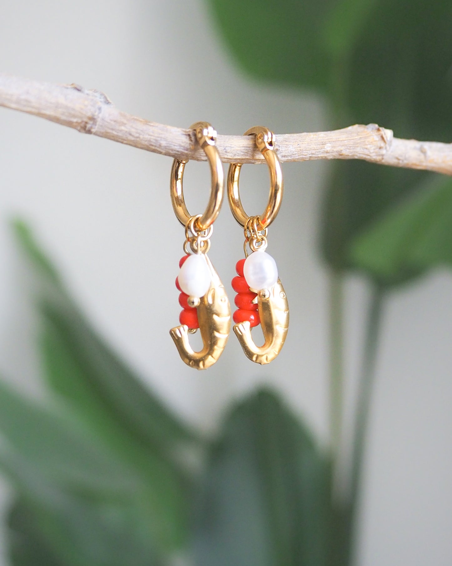 Front view Gold Shrimp Trio Earrings, Shrimp Huggies with freshwater pearls and coral red beads